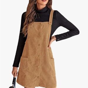 Floerns Women's Gold Button Front Overall Corduroy Pinafore Dress with Pockets